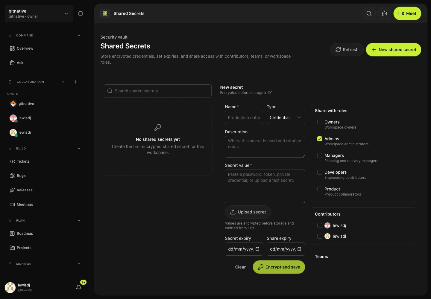 gitnative Shared Secrets screen showing encrypted credentials, expiry settings, role sharing, contributors, and teams.